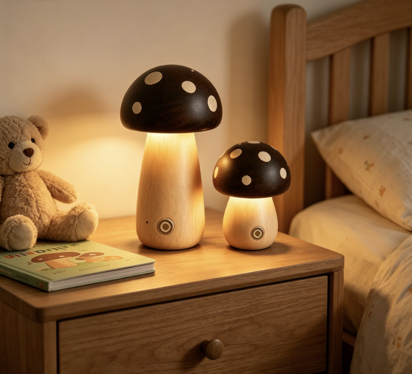 wooden mushroom night light on a nursery nightstand with soft warm glow