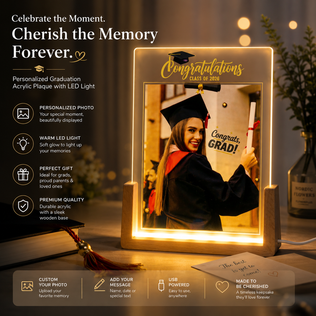 Custom LED photo frame for graduation keepsake