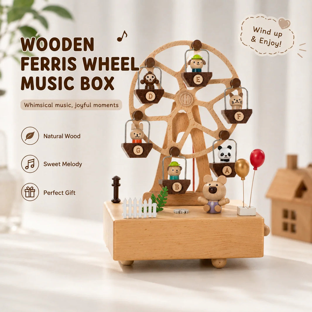 Handcrafted wooden ferris wheel music box with spinning animal characters, balloons, and natural wood finish, playing a sweet melody