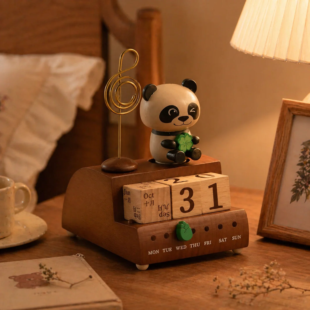 panda wooden music box on a cozy nightstand with warm lighting