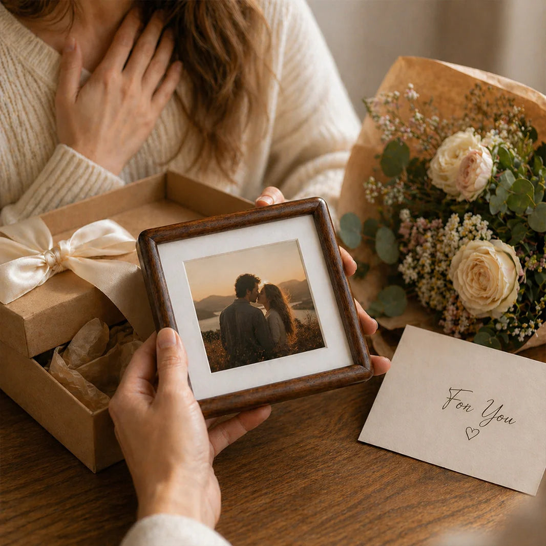Hands exchanging a solid walnut photo frame with a couple's photo, presented as a sentimental gift in a kraft box with a "For You" card and bouquet