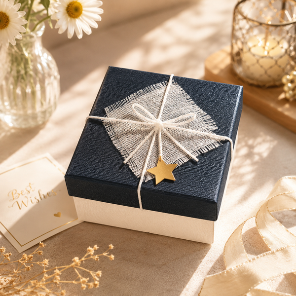 Elegant Navy & White Linen Gift Box with Star Charm - 19x19x14cm