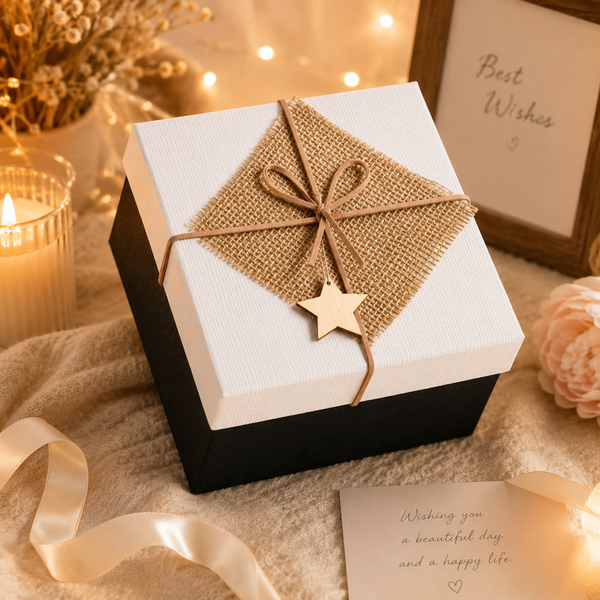 Rustic Black & White Gift Box with Jute Bow & Star Charm - 15x15x10cm