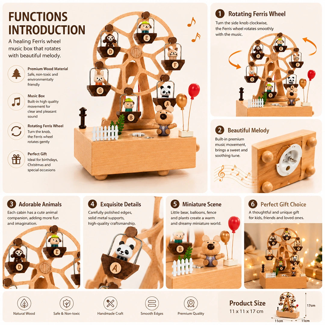 Wooden ferris wheel music box promotional image with cozy home decor aesthetic and handcrafted wood details.