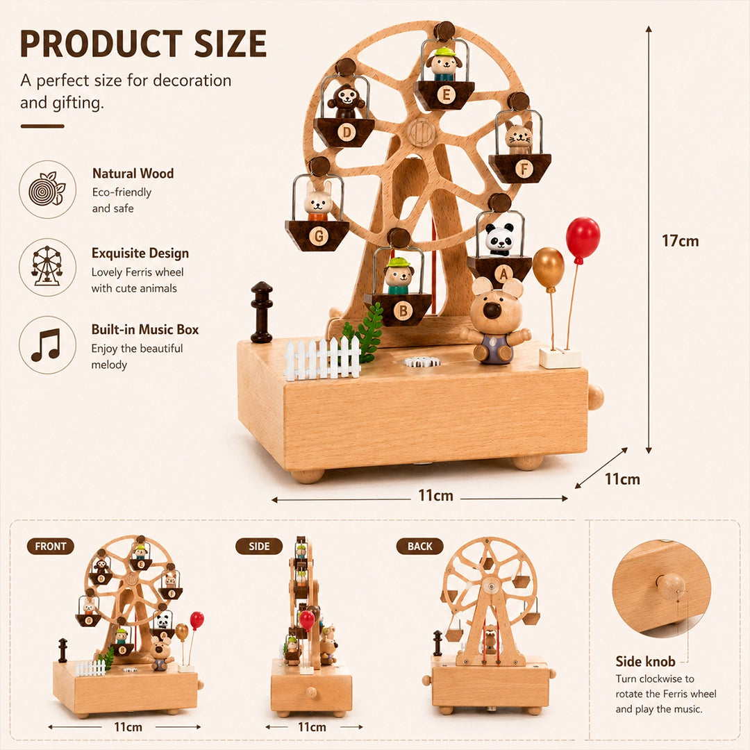 Handmade wooden ferris wheel music box with adorable animal cabins and smooth rotating design for home decor.