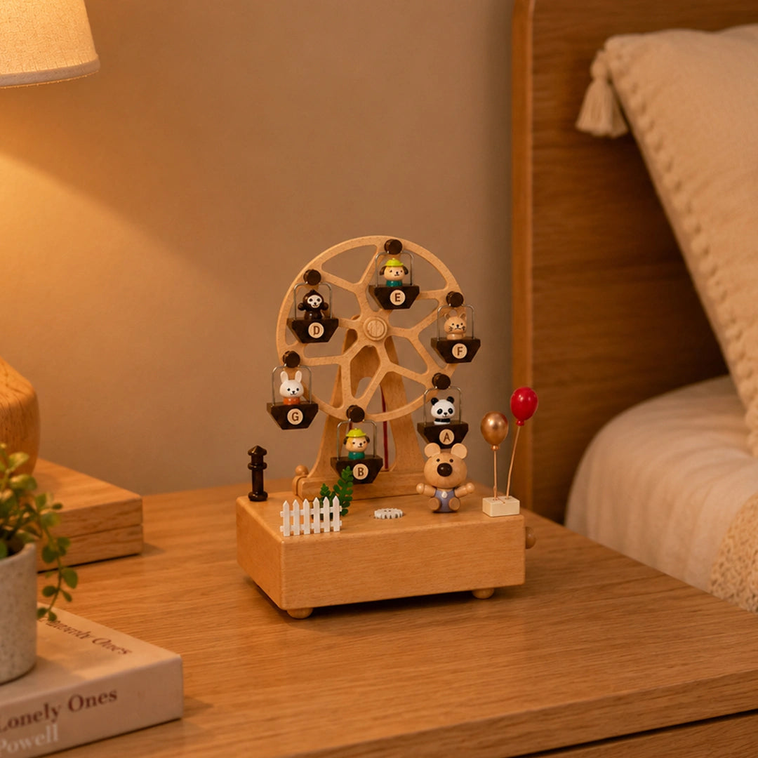 Wooden music box ferris wheel decoration on a bedside table creating a warm and relaxing bedroom atmosphere.