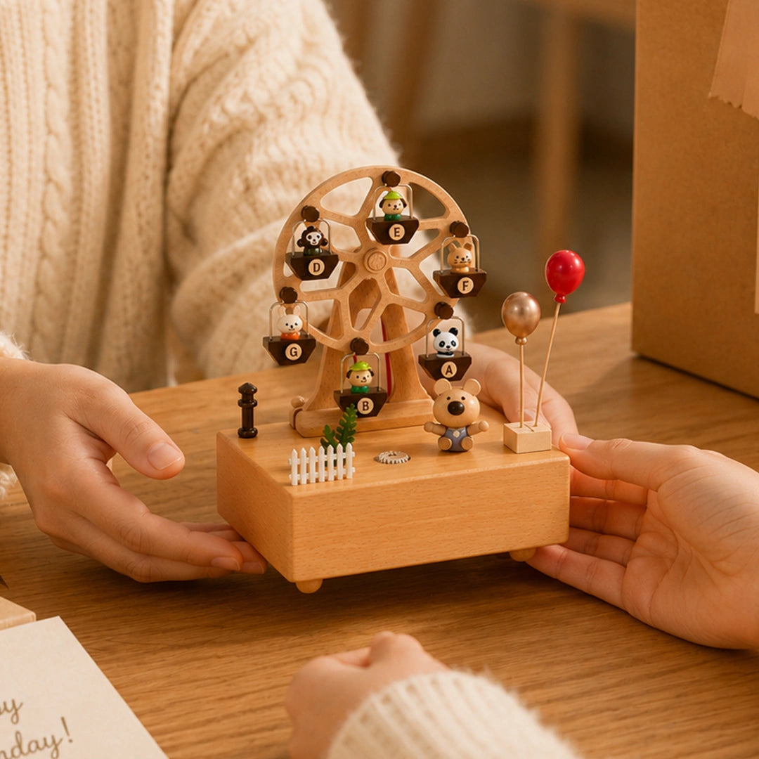 Child playing with a wooden ferris wheel music box toy in a bright and cozy indoor playroom setting.
