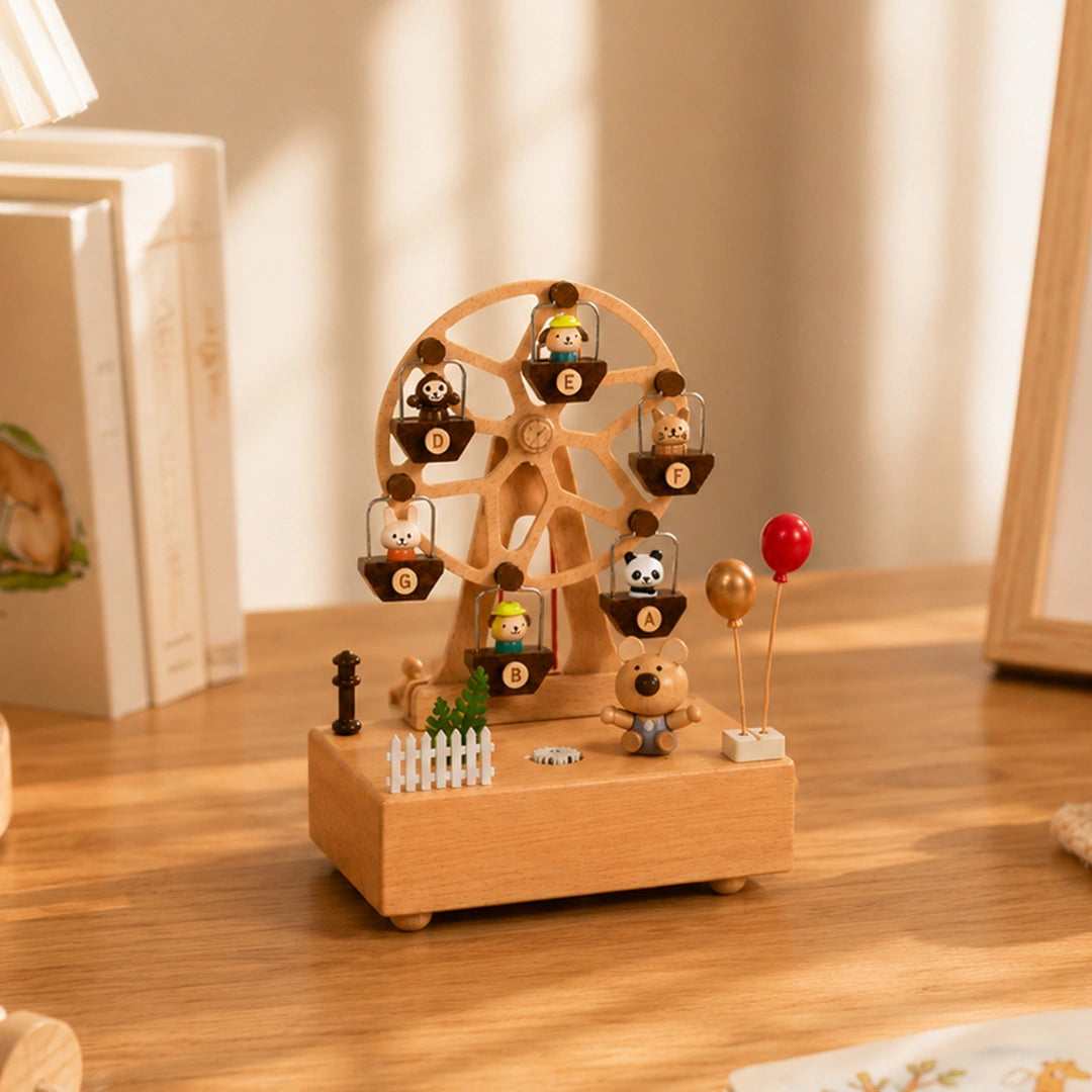 Natural wood ferris wheel music box displayed in a cozy nursery room with warm lighting and cute animal details.