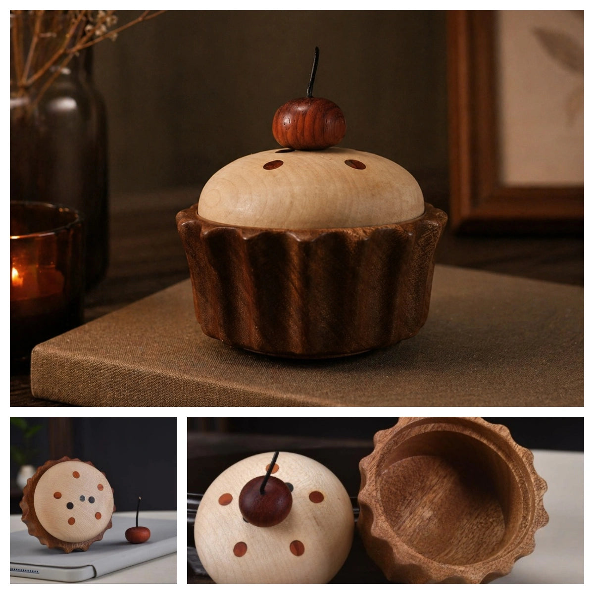 Open view of natural wood keepsake box holding small jewelry