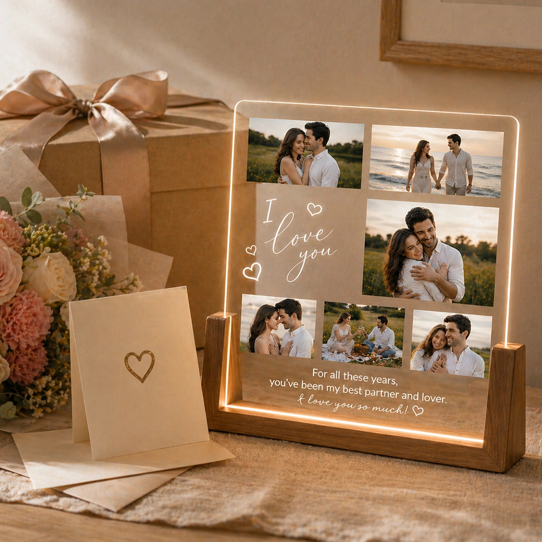 Custom LED Photo Frame with Wood Base
