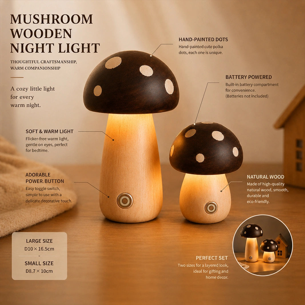 Large Mushroom Night Light - Handcrafted Wood Lamp