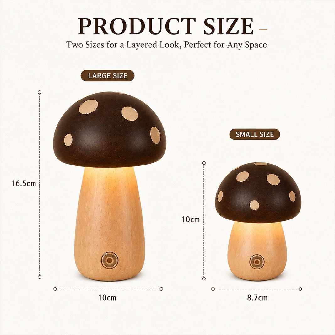 Wooden Mushroom Night Light - Rechargeable Bedside Lamp